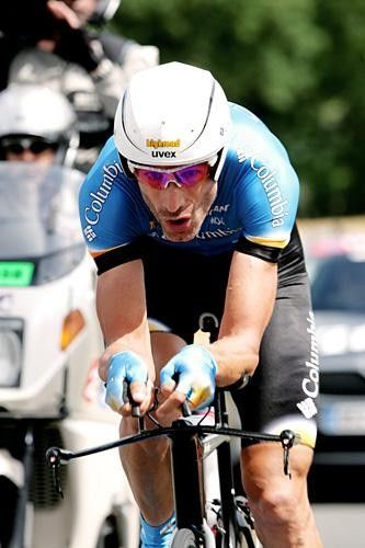 George Hincapie (Columbia) piloted his new stealthy looking TT bike to ninth place.