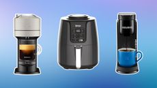 Two coffee makers and an air fryer on blue background
