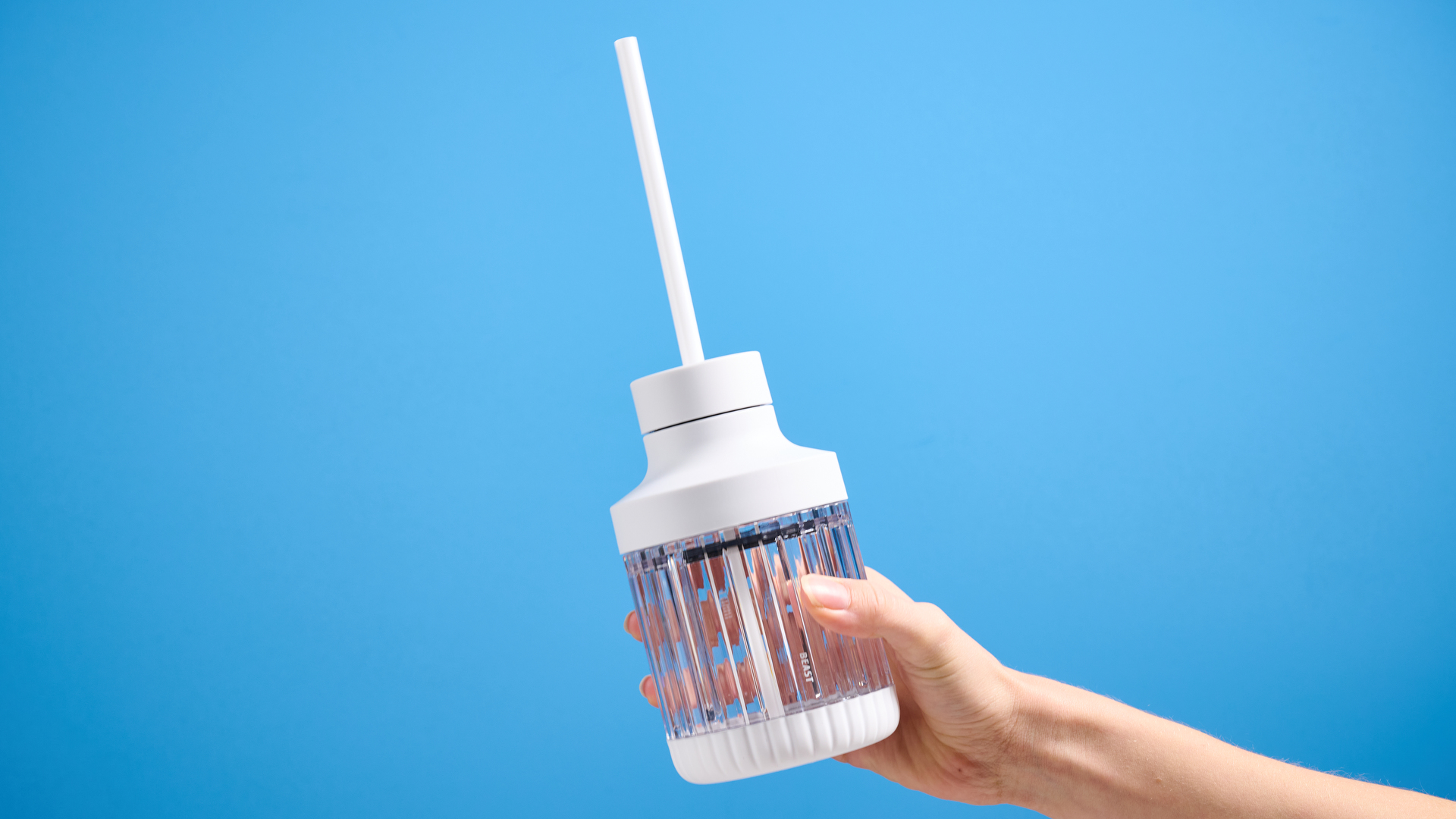 Beast Mighty 850 Plus personal blender in cloud white colorway with attachments.