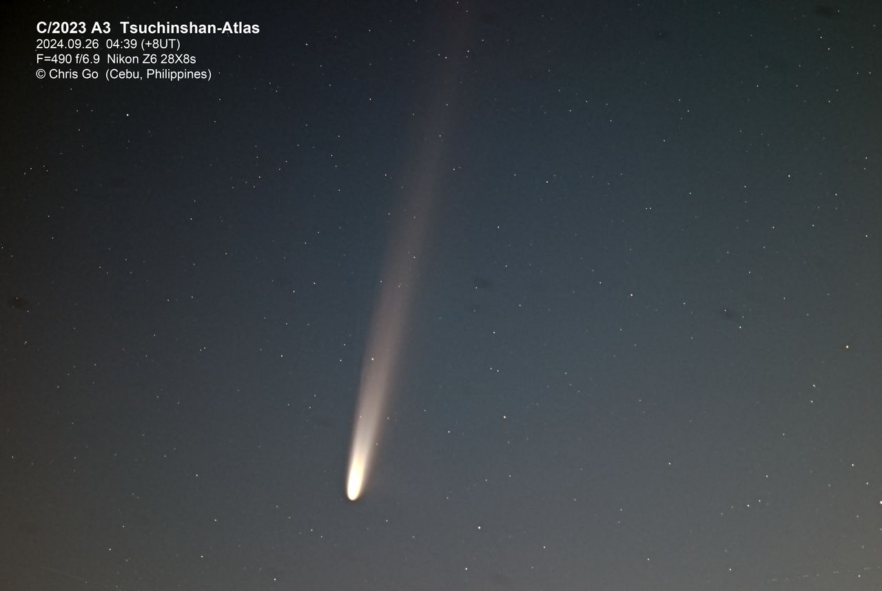 Christopher Go is based in Cebu City in the Philippines. He photographed the comet on the morningof September 26th, using a Sharpstar 71 and a Nikon Z6 camera on a ZWO AM5 mount. The telescope was working at 490mm f/6.9. He writes: "This was captured less than an hour before sunrise. This comet is HUGE!"