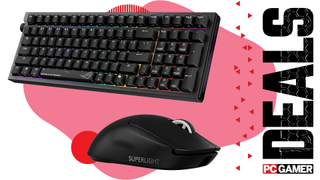 A gaming mouse and gaming keyboard on a red background with the word 'deals' down the side and the PC Gamer logo.