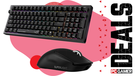 A gaming mouse and gaming keyboard on a red background with the word 'deals' down the side and the PC Gamer logo.
