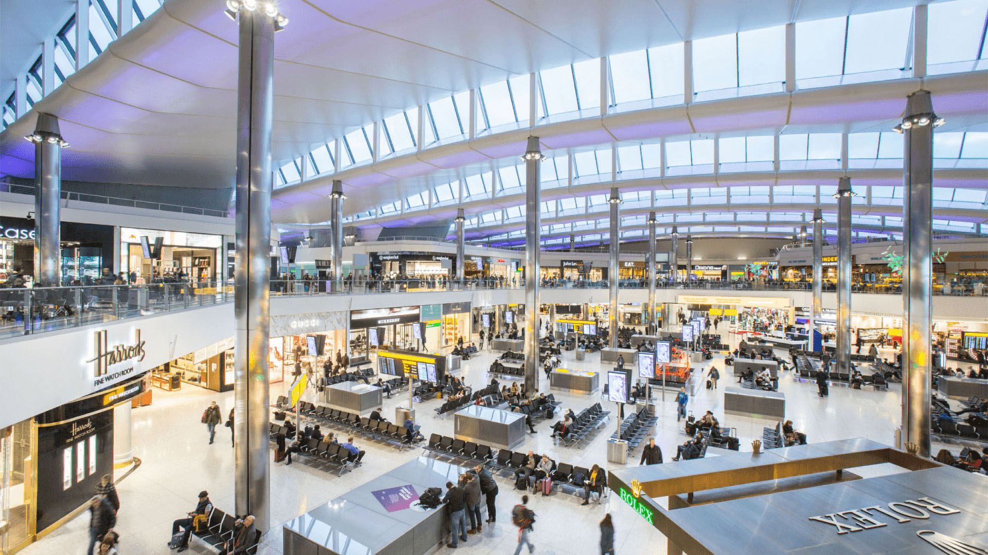 A photo of the inside of a Heathrow Airport terminal. 