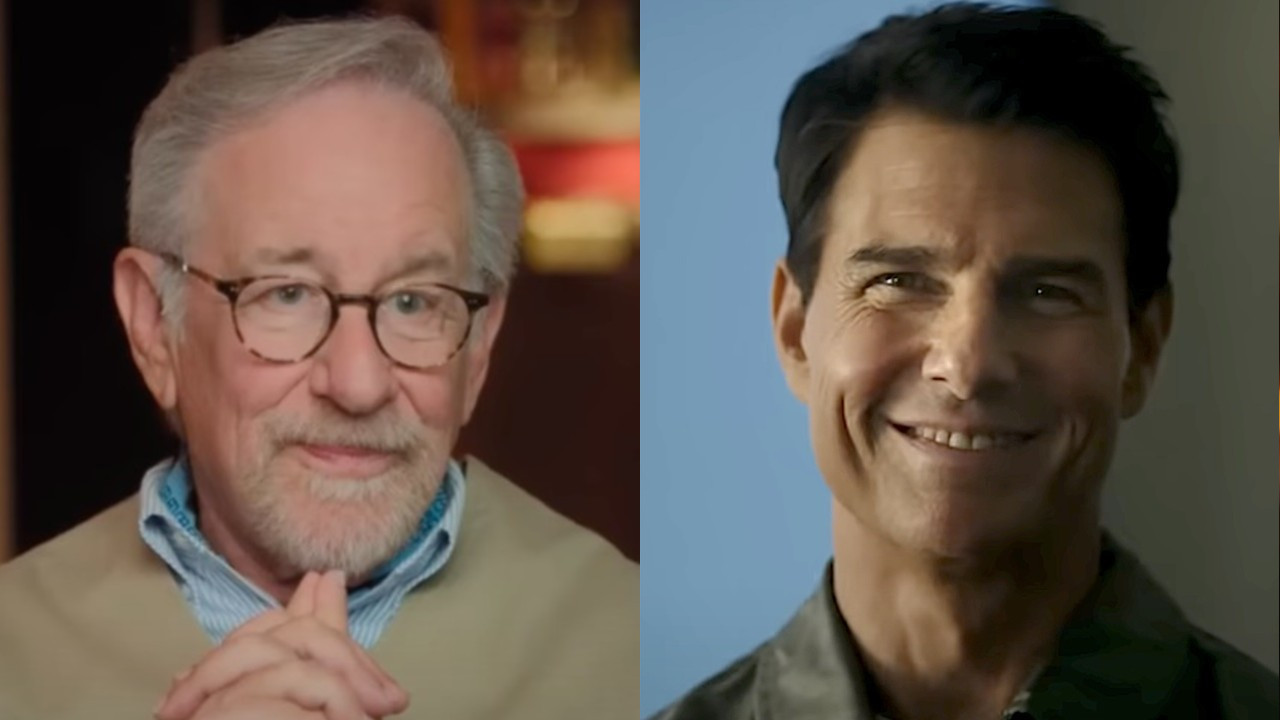 Steven Spielberg speaking in Jaws documentary/Tom Cruise smiling in Top Gun: Maverick