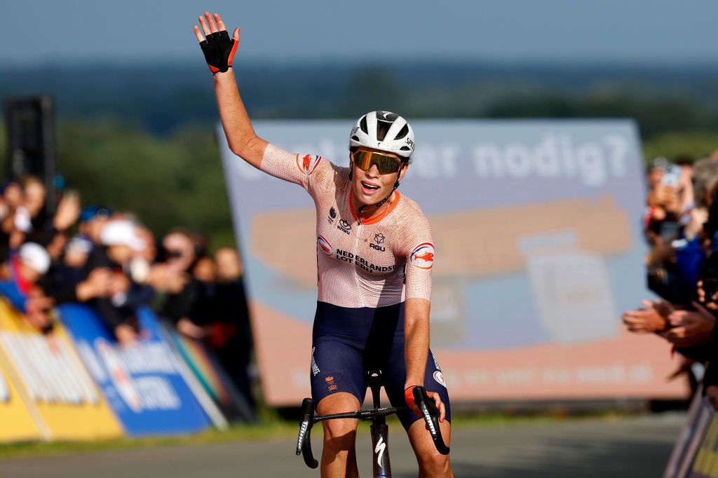 COLDUVAM NETHERLANDS SEPTEMBER 23 Mischa Bredewold of The Netherlands celebrates at finish line as European Champion winner during the 29th UEC Road Cycling European Championships 2023 Elite Womens Road Race a 1296km one day race from Meppel to Col du Vam Vamberg UCIWWT on September 23 2023 in Col du Vam Vamberg Netherlands Photo by Bas CzerwinskiGetty Images