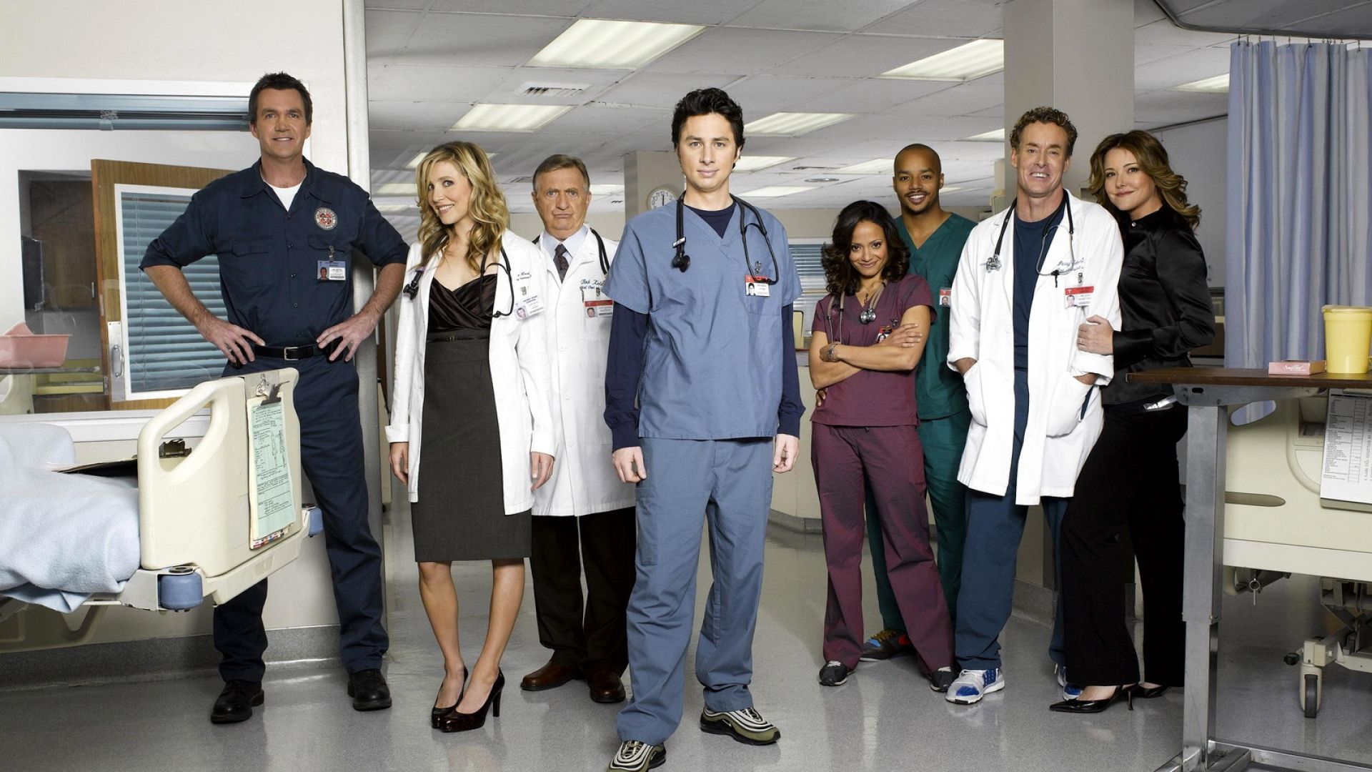 An image of the main cast from medical sitcom TV show Scrubs