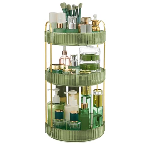 Songmics Makeup Organiser Rotating, 3-Tier Round Skincare Organiser, Customisable, Toiletries Cosmetics Organiser, Gift, Pale Green Jka011c01