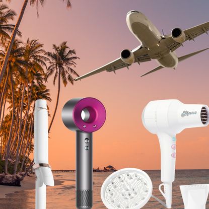 sunset on a beach with tsa approved hair tools and a plane