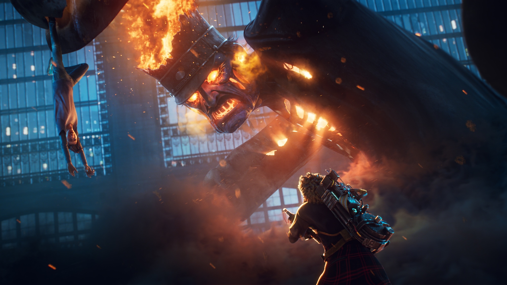 Giant fiery creature dangling someone by the foot as a Ghostbuster stands watching in Ghostbusters: Night Shift