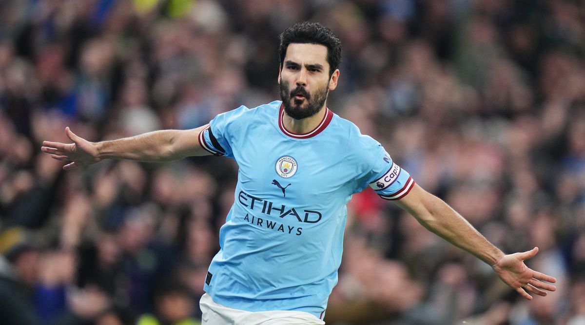 Barcelona-linked Ilkay Gundogan of Manchester City celebrates after scoring his team&#039;s second goal during the Premier League match between Manchester City and Aston Villa at the Etihad Stadium on 12 February, 2023 in Manchester, United Kingdom.