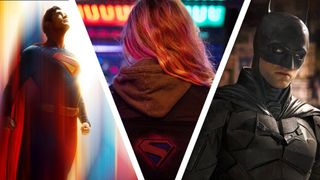 A collage image of David Corenswet's Superman, Milly Alcock's Supergirl, and Robert Pattinson's Batman