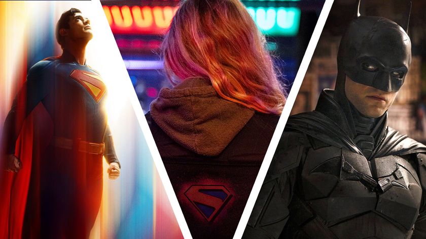 A collage image of David Corenswet&#039;s Superman, Milly Alcock&#039;s Supergirl, and Robert Pattinson&#039;s Batman