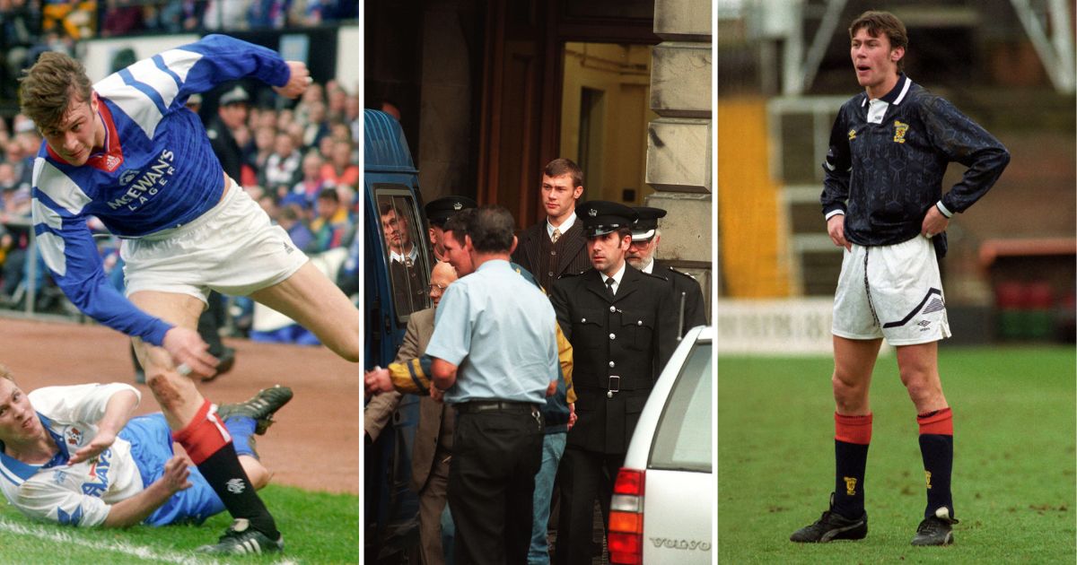 Duncan Ferguson playing for Rangers in 1994, Duncan Ferguson heading to prison in 1995, Duncan Ferguson playing for Scotland U21s in 1993