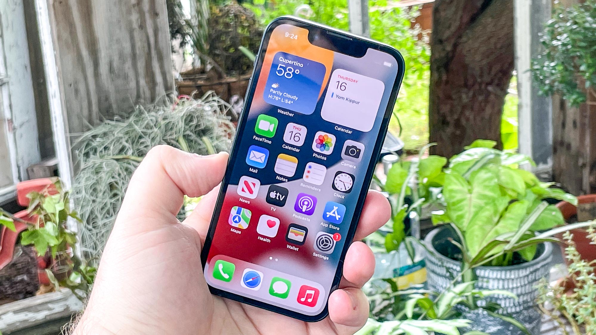 iPhone 13 Mini-Display in der Hand mit Pflanzen im Hintergrund