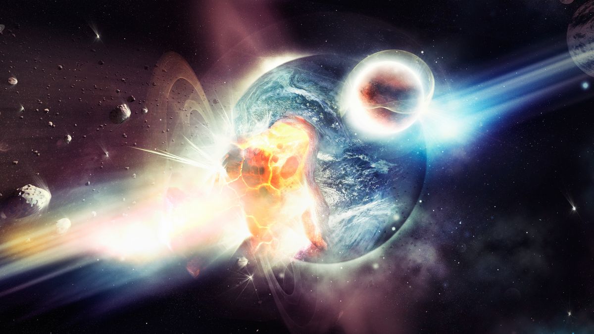 illustration showing earth being bombarded with huge space rocks