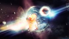 illustration showing earth being bombarded with huge space rocks