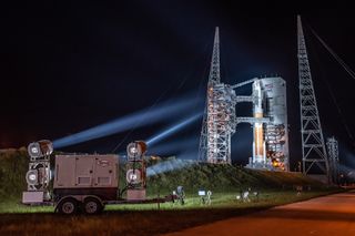 The last Delta IV Medium rocket stands atop Space Launch Complex 37 at Cape Canaveral Air Force Station in Florida to launch the second GPS III navigation satellite for the U.S. Air Force on Aug. 22, 2019.