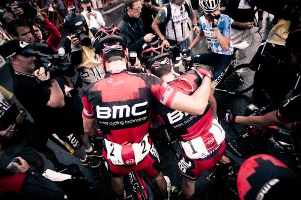 George Hincapie (BMC) and teammate Cadel Evans after Hincapie got the win.
