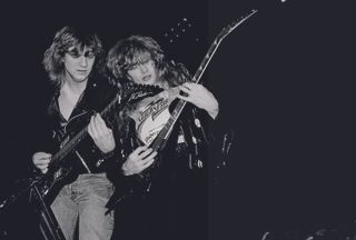 February 12, 1987: Megadeth’s Chris Poland (left) and Dave Mustaine perform at the UIC Pavilion in Chicago