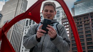 Using a ThinkPhone by Motorola in downtown Chicago