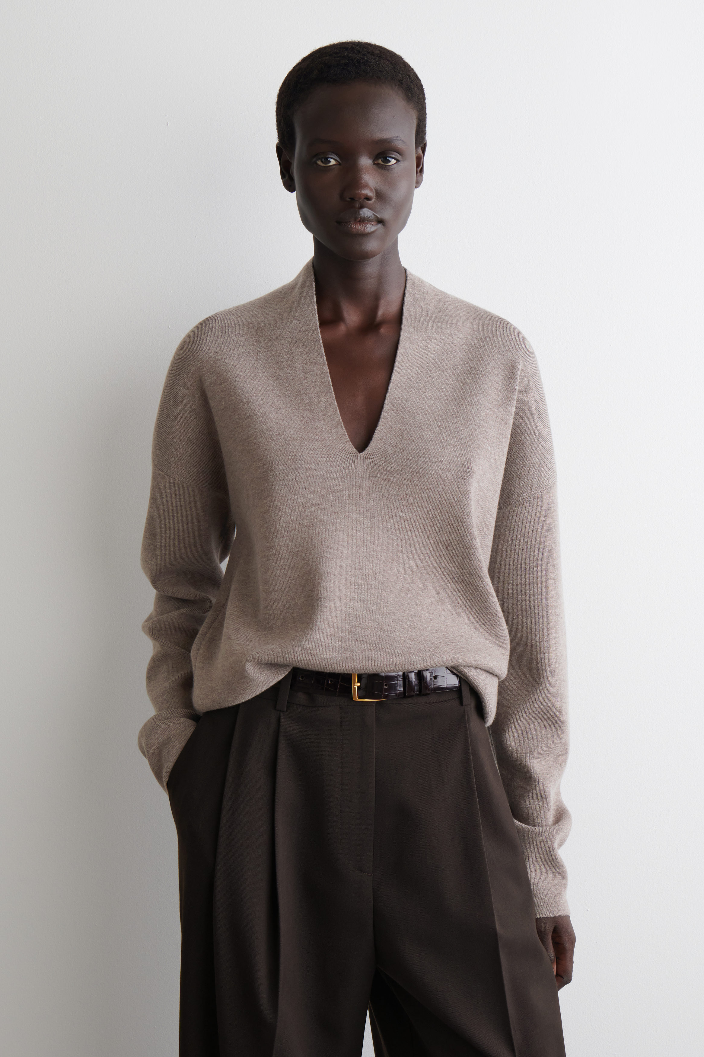 Draped Merino Wool V-Neck Jumper