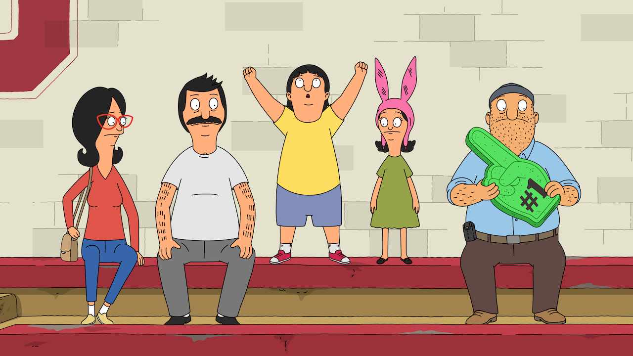 Linda, Bob, Gene, Louise and Teddy in school gym bleachers in Bob&#039;s Burgers Season 15