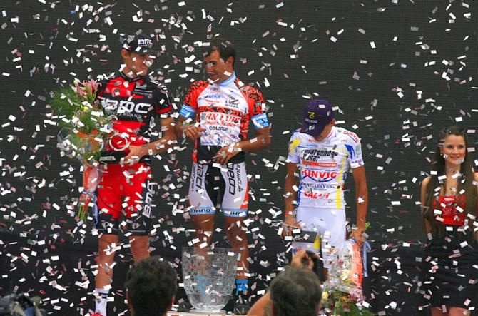 The Tour de San Luis final podium amidst a sea of confetti.