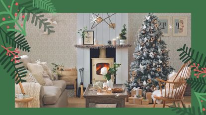 An example of some of the best Christmas decorating ideas—a neutral living room with Christmas tree, garlands, and candles