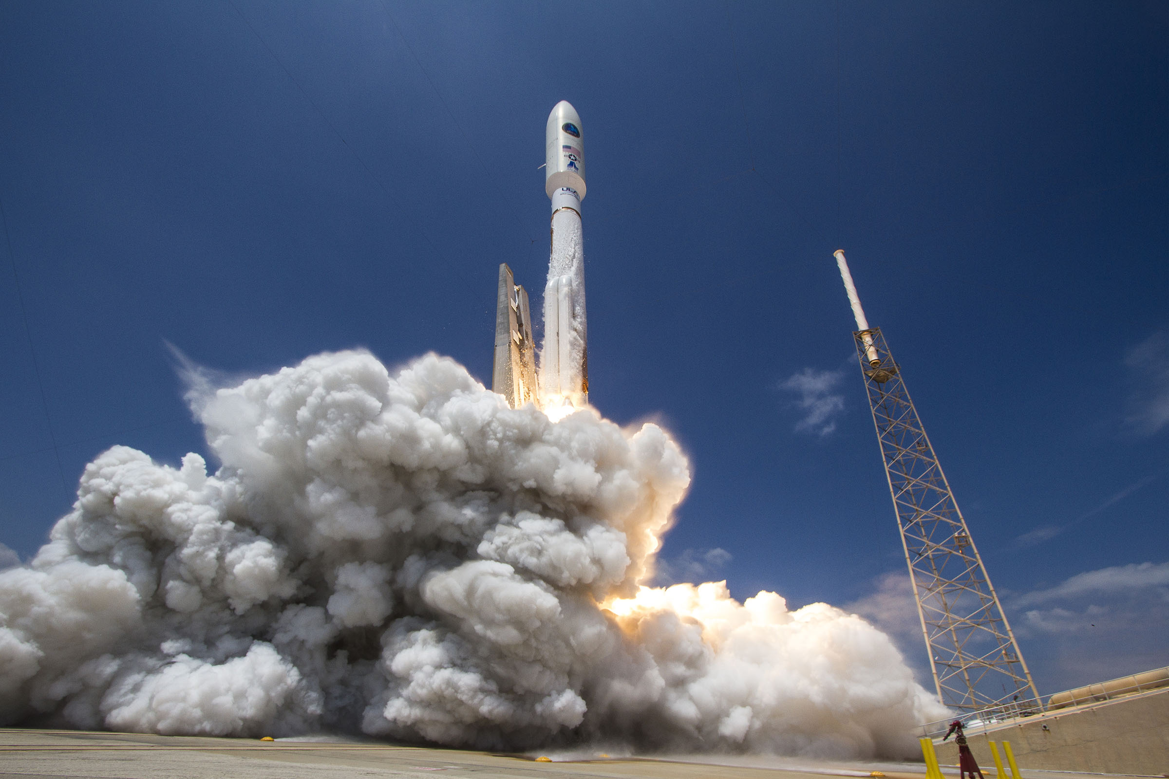 A United Launch Alliance Atlas 5 rocket launches the classified spy satellite NROL-67 into orbit for the National Reconnaissance Office on April 10, 2014 in a mission that lifted off from Space Launch Complex-41 at Cape Canaveral Air Force Station in Flor