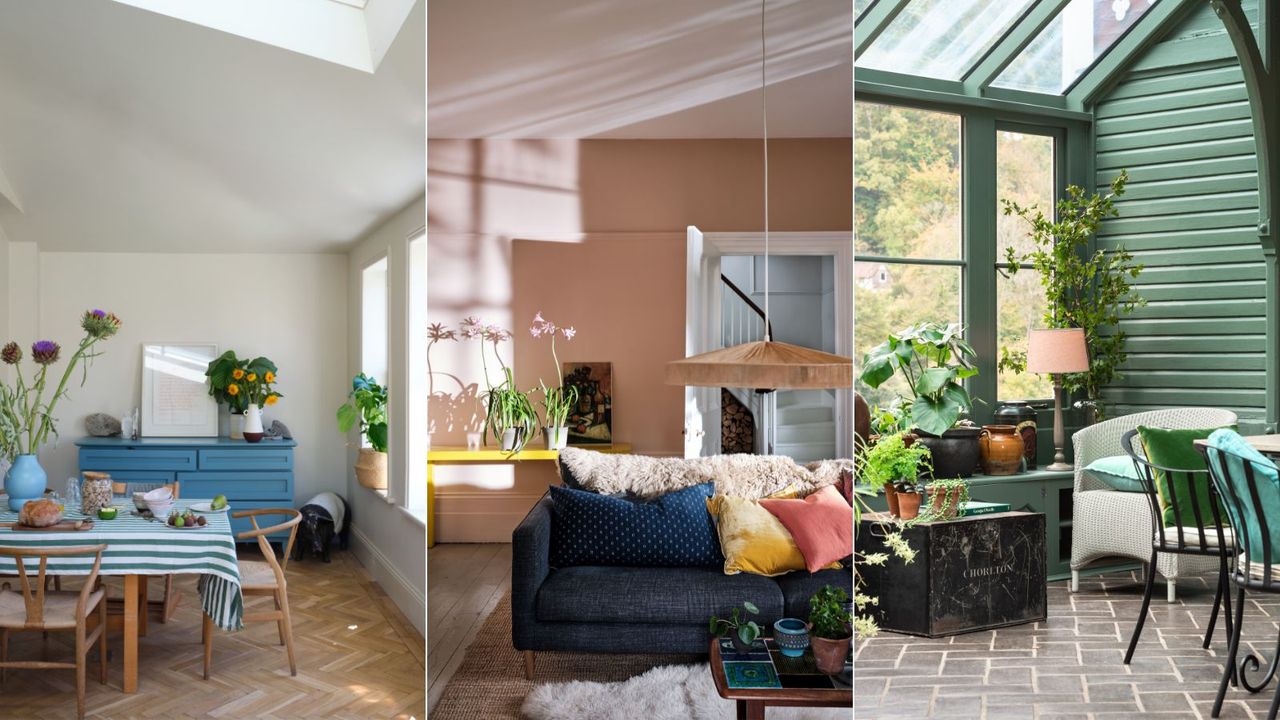 white dining room, pink living room, green conservatory 