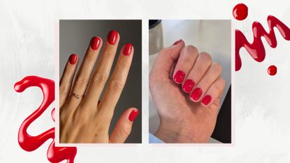 Two images showing cherry red nails on a white marble background with red nail polish swatches
