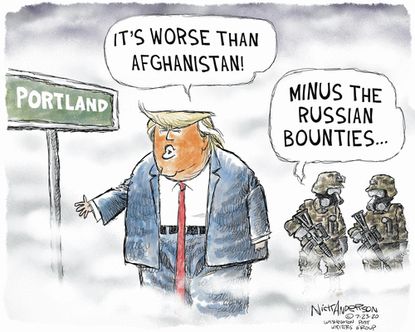 Political Cartoon U.S. Trump Portland Afghanistan Russia bounties