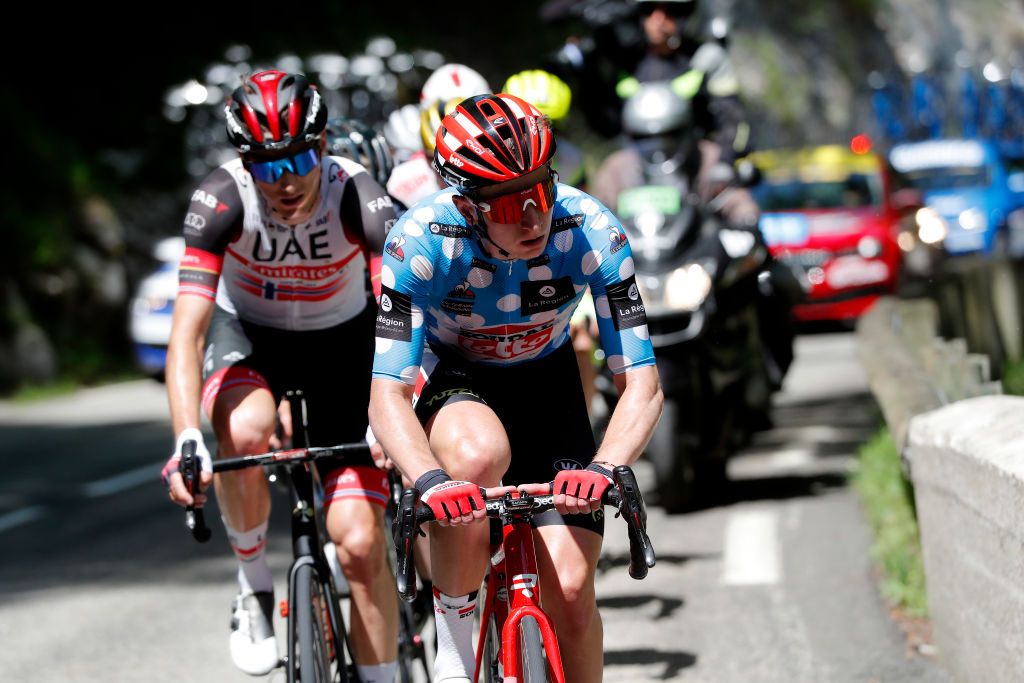 LE SAPPEYENCHARTREUSE FRANCE JUNE 04 Matthew Holmes of United Kingdom and Team Lotto Soudal Polka Dot Mountain Jersey in breakaway during the 73rd Critrium du Dauphin 2021 Stage 6 a 1672km stage from LoriolsurDrome to Le SappeyenChartreuse 1003m UCIworldtour Dauphin dauphine on June 04 2021 in Le SappeyenChartreuse France Photo by Bas CzerwinskiGetty Images