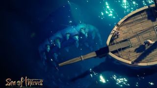 The Megalodon hiding just beneath the surface, approaching a ship in Sea of Thieves