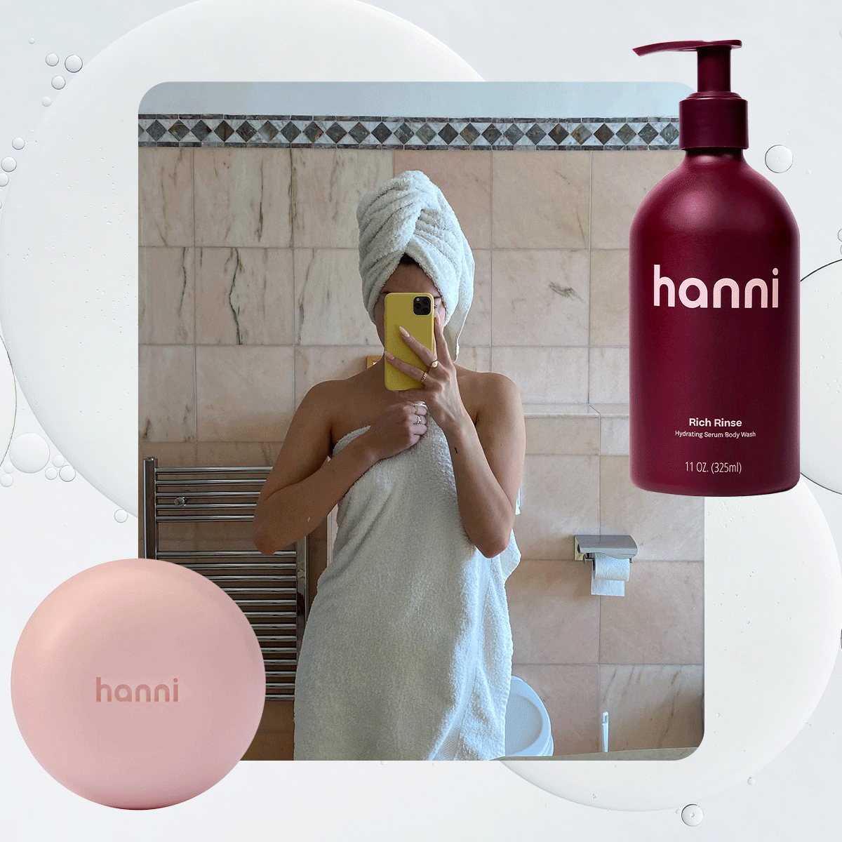 Hanni products and shower GIF