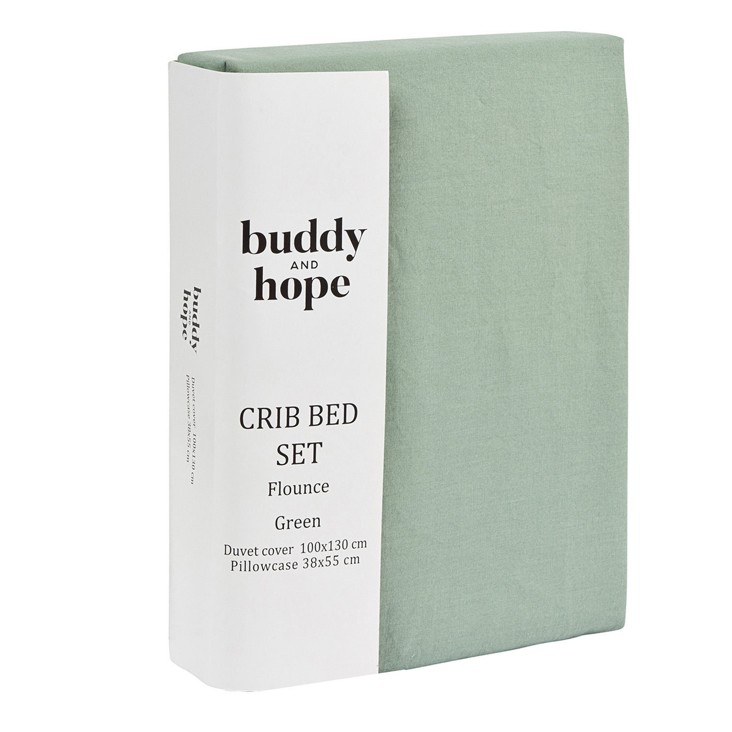soft green linen kids bedding with flounce ruffle trim