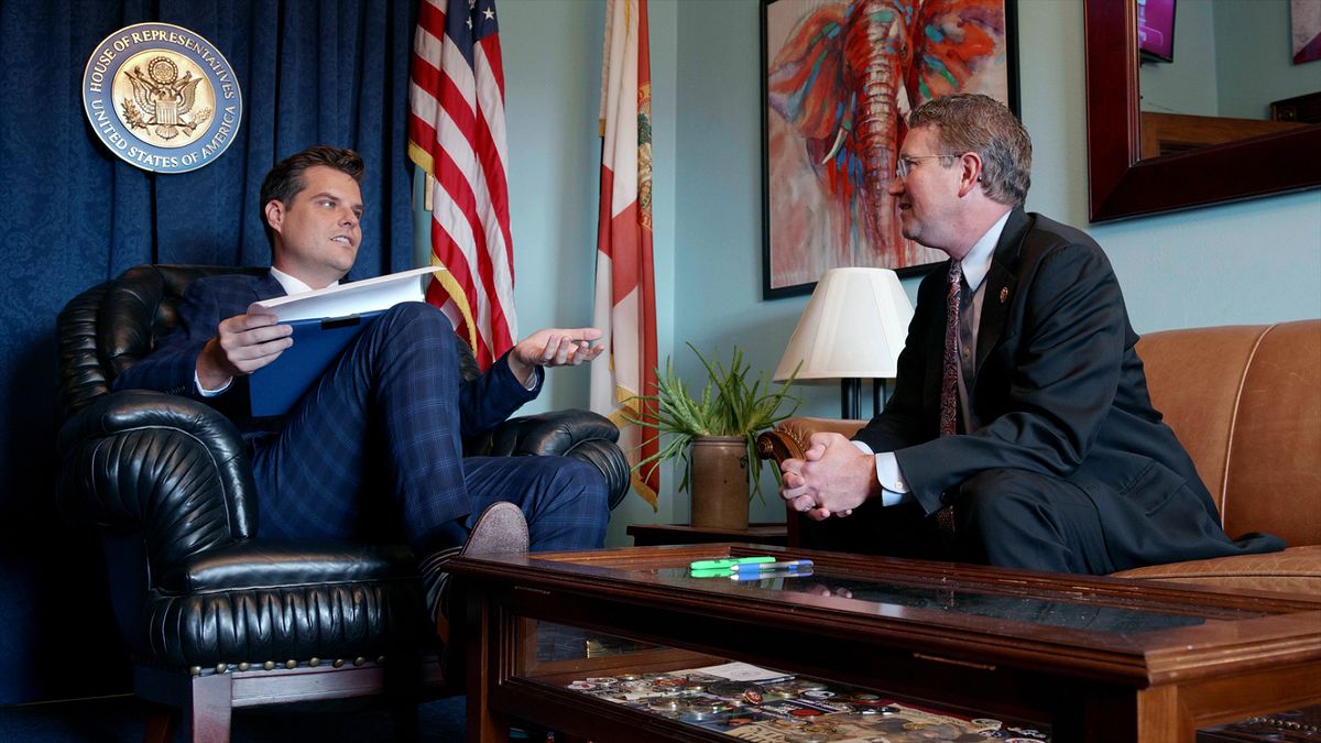 U.S. Reps. Matt Gaetz of Florida, left, and Thomas Massie of Kentucky.