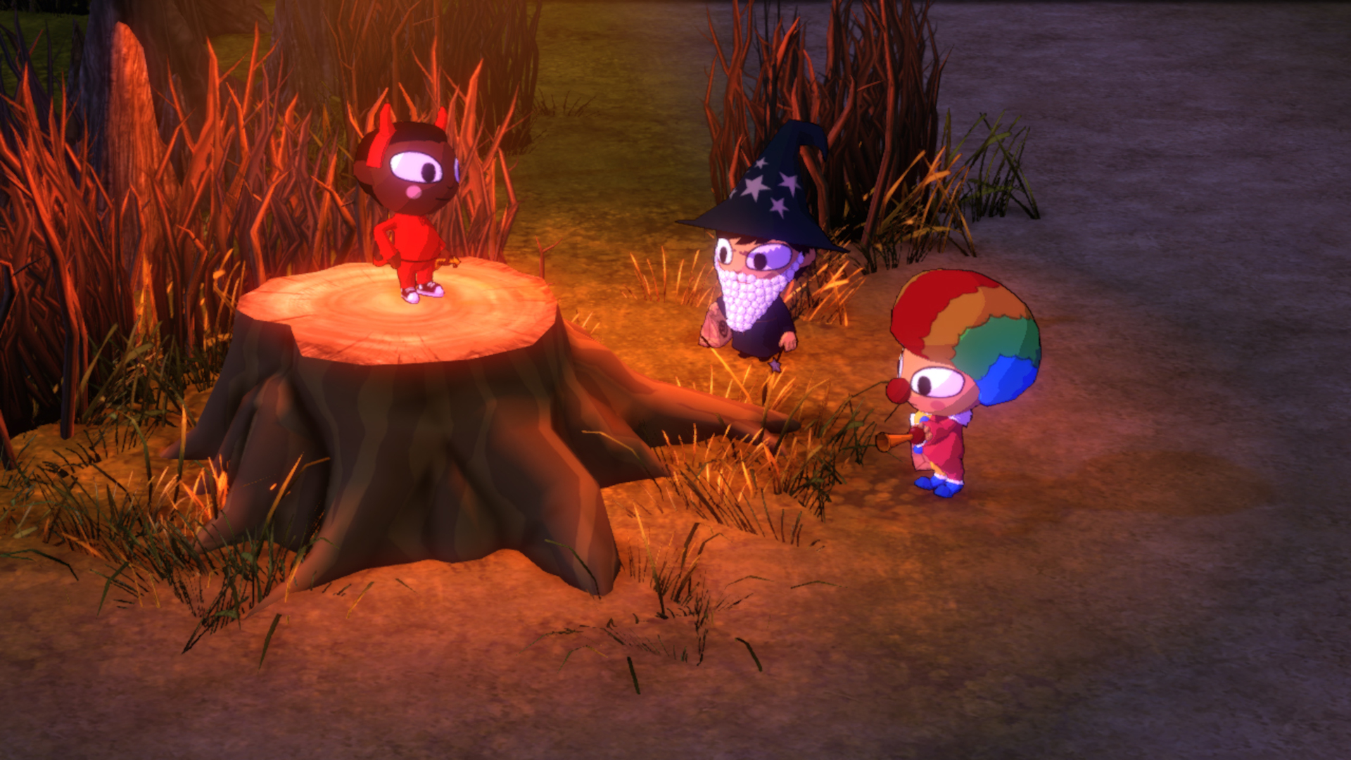 In Costume Quest 2 two characters dressed as a clown and wizard stand around a tree stump listening to another character standing on the stump dressed as a devil
