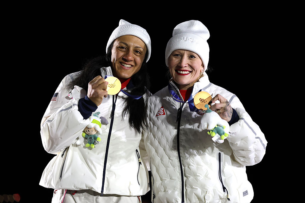 Gold medalist Elana Meyers Taylor of Team United States and Bronze medalist Kaillie Armbruster Humphries of Team United States pose for a photo during the medal ceremony for the Women's Monobob Bobsleigh on day ten of the Milano Cortina 2026 Winter Olympic games at Cortina Sliding Centre on February 16, 2026 in Cortina d'Ampezzo, Italy.