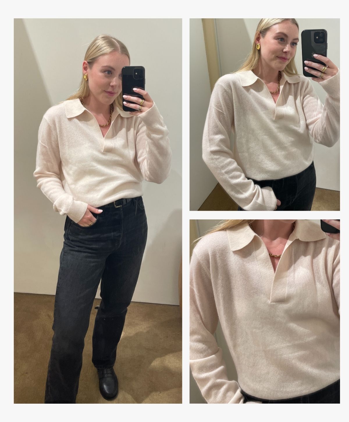 Woman wears cream polo cashmere top and black jeans and black loafers