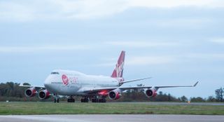 Virgin Orbit's Cosmic Girl carrier plane arrives at at Newquay Airport in Cornwall on Oct. 11, 2022. 