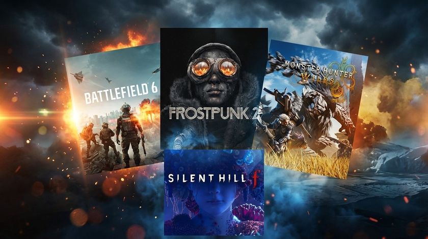 Battlefield 6, Frostpunk 2, Monster Hunter Wilds and Silent Hill F on a patterned background