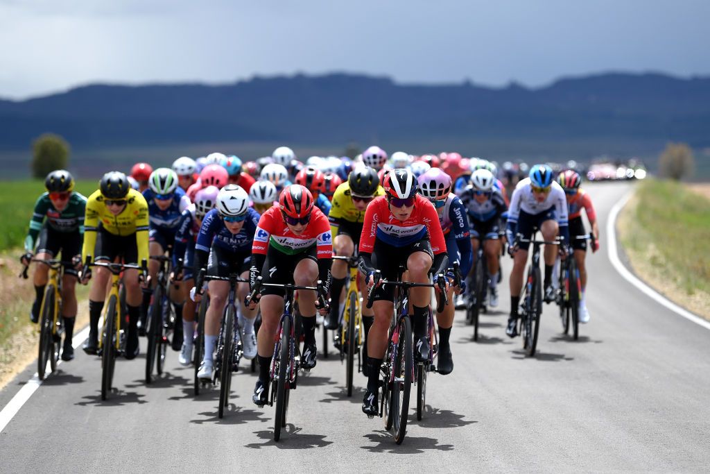 ZARAGOZA SPAIN MAY 01 LR Blanka Vas of Hungary - Red Leader Jersey and Demi Vollering of The Netherlands and Team SD Worx - Protime compete during the 10th La Vuelta Femenina 2024 Stage 4 a 1423km stage from Molina de Aragon to Zaragoza UCIWWT on May 01 2024 in Zaragoza Spain Photo by Alex BroadwayGetty Images