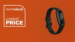 Fitbit inspire 3 on an orange background with lowest price written