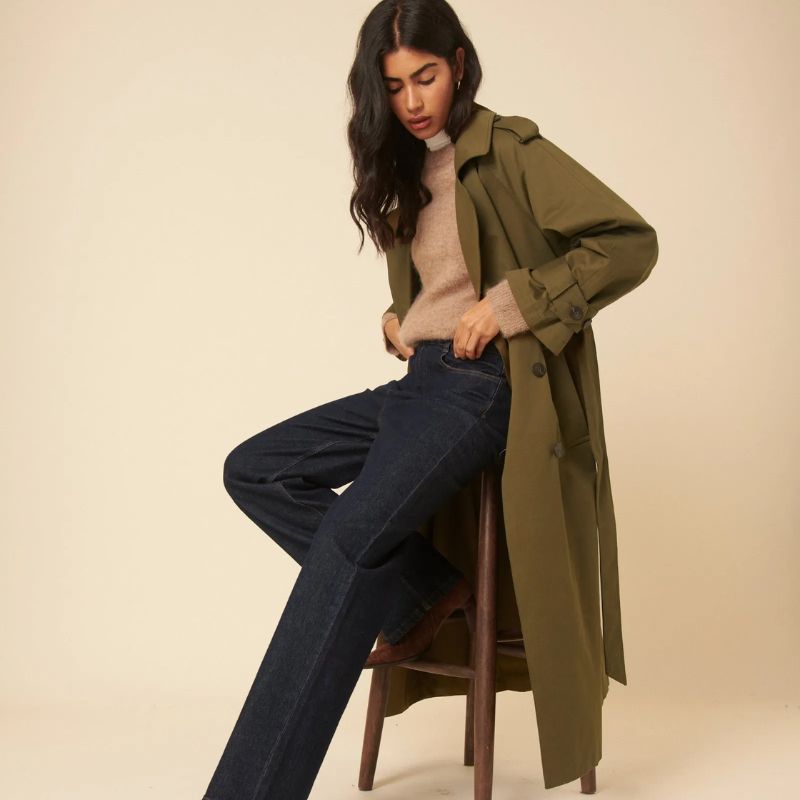 Khaki Green Double Breasted Trench Coat on model 