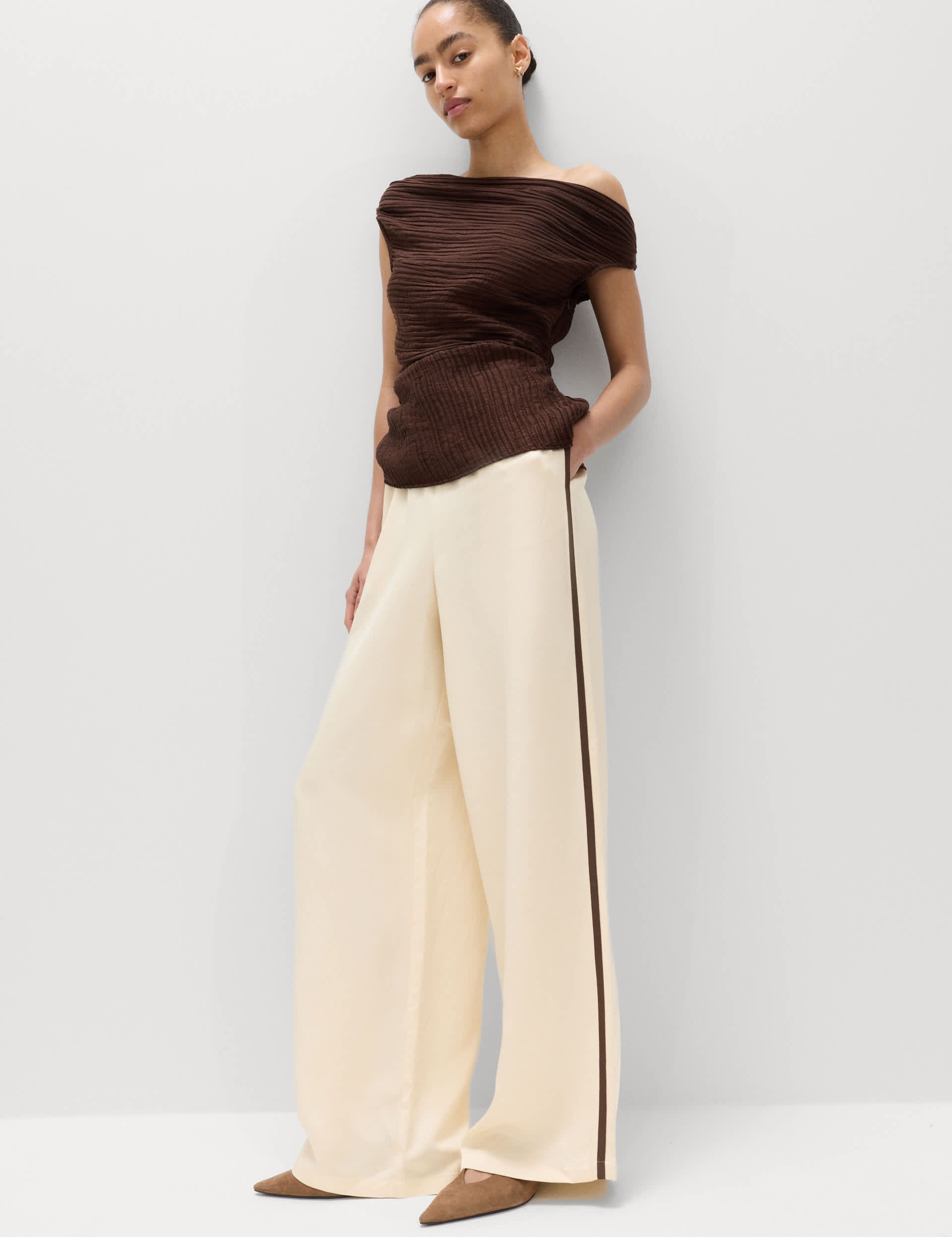 Side Stripe Wide Leg Trousers With Linen