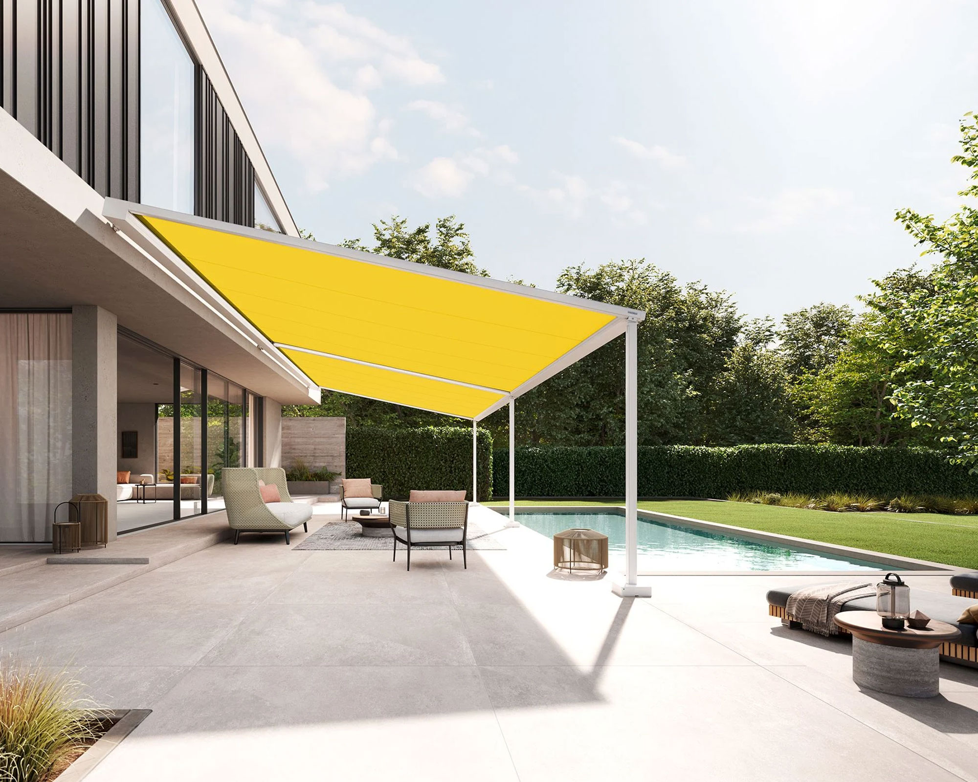 yellow patio awning with garden furniture, pool and lawn