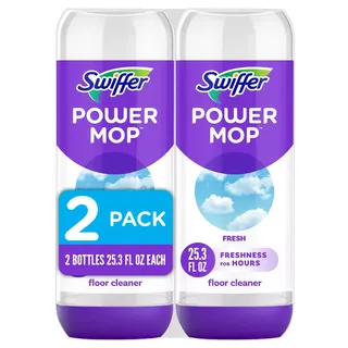 two white and purple plastic bottles of Swiffer Fresh Power Mop Floor Cleaning Solution 