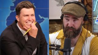 Colin Jost is shown on Saturday Night Live, and Jason Kelce is shown on the New Heights podcast.