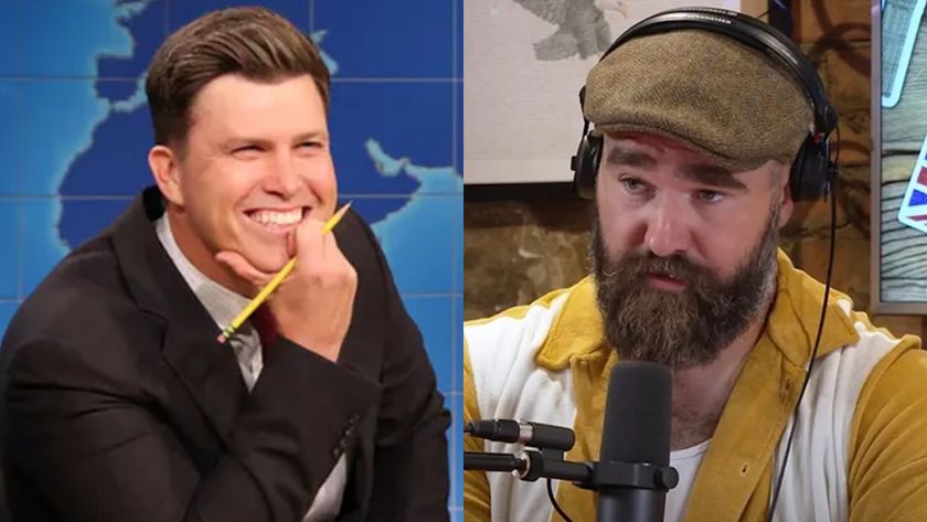 Colin Jost is shown on Saturday Night Live, and Jason Kelce is shown on the New Heights podcast.
